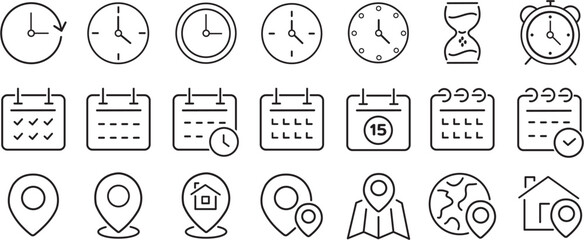 Time, date and address concept editable stroke outline icons set isolated on white background flat vector illustration.