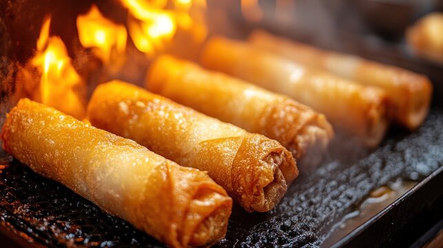Crispy spring rolls frying over an open flame, showcasing deliciousness.