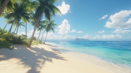 Fototapeta premium Idyllic tropical beach scene with palm trees, white sand, and turquoise ocean under a sunny sky. (7)