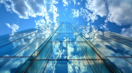 A skyscraper reflecting clouds and sky, showcasing modern architectural design.