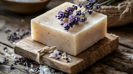 Handmade lavender soap with sea salt on wooden surface, spa and wellness product photography