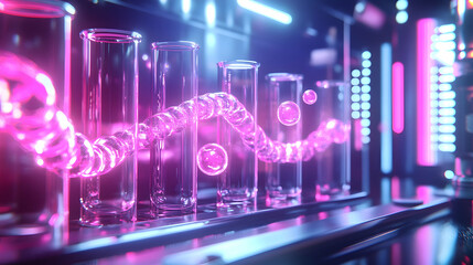 3D rendering of floating pink bubbles and DNA strands, neon-lit science and technology concept