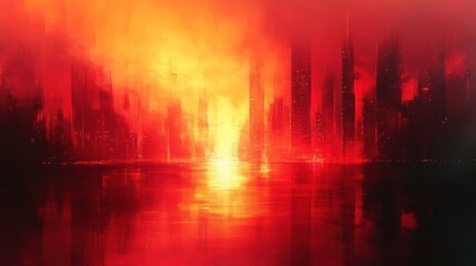 Red city skyline reflected in fiery water.