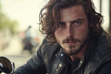 Fototapeta premium A Man with Long Hair Wearing a Leather Jacket
