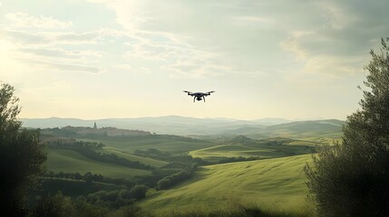 Obraz premium a drone flying over a scenic countryside, controlled by a man with a remote. 