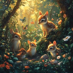 Fototapeta premium Four fawns, butterflies, flowers, forest, sunlight.