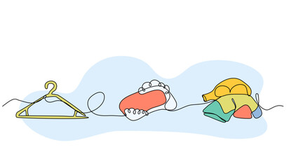 Set of laundry elements. clothes hanger. Modern flat in continuous line style.