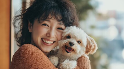pet lover owner smiling with his companion dog, Japanese woman hugging her small fluffy white dog 