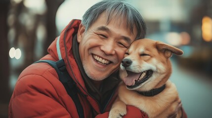 pet lover owner smiling with his companion dog, Japanese man hugging holding his dog 