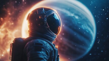An astronaut gazing at a massive ringed planet with glowing auroras, soft cinematic lighting highlighting the curves of the helmet, hd quality, surreal cosmic vista, breathtaking realism --ar 16:9