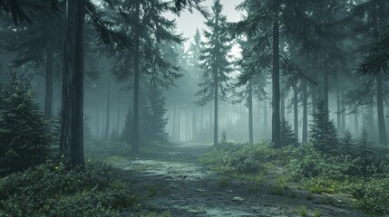 Misty forest path with tall evergreen trees and low vegetation.