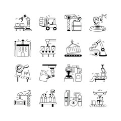 A collection of simple, black and white icons depicting various stages of an automated manufacturing process