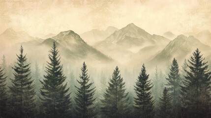 Fototapeta premium Misty mountain range viewed from a forest of evergreen trees.