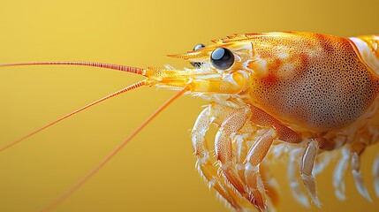 Masterpiece 8k ultra-realistic shrimp with its antennae detailed, placed on a soft yellow gradient background