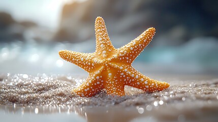 Masterpiece 8k ultra-realistic starfish with fine textures, displayed on a soft sandy beige...