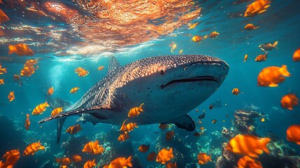 Masterpiece 8k ultra-realistic whale shark swimming gracefully, isolated on a gradient teal background