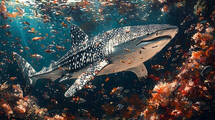 Masterpiece 8k ultra-realistic whale shark swimming gracefully, isolated on a gradient teal background