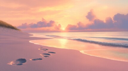 Obraz premium Peaceful sunrise on a sandy beach with footprints leading to the ocean.