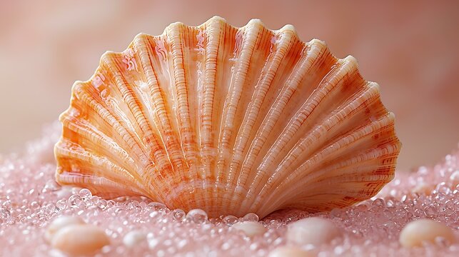 Scallop shell opened slightly, reflecting light on a pale lavender background