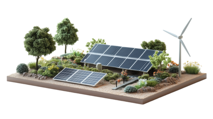Remote renewable energy setup with solar panels and wind turbine isolated on transparent background, png