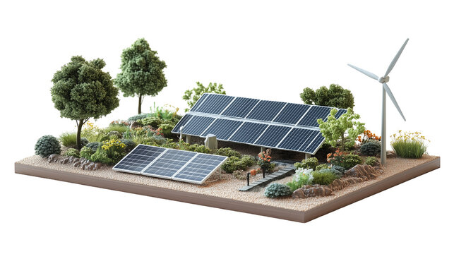 Remote renewable energy setup with solar panels and wind turbine isolated on transparent background, png