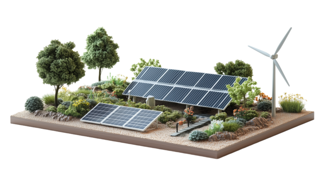 Remote renewable energy setup with solar panels and wind turbine isolated on transparent background, png