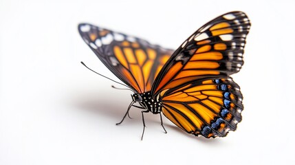 Obraz premium Close-up of a vibrant orange and black butterfly with blue accents on a white background.