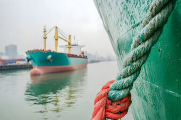 Obraz premium Ship anchored in harbor with ropes and mooring lines, maritime industrial photography setting