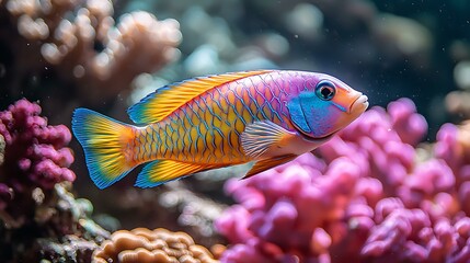 Vibrant parrotfish with its unique colors, isolated on a soft coral pink background