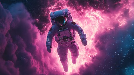 An astronaut navigating a glowing stardust bridge, vibrant cosmic particles lighting their path, cinematic lighting reflecting soft hues of magenta and teal on the suit, hd quality,