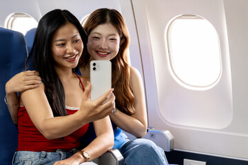 Fototapeta premium Two Asian girlfriends enjoying taking selfies or recording videos together with their smartphones during a flight.