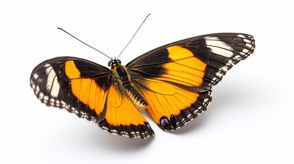 Orange butterfly with black and white stripes on wings, isolated on white.