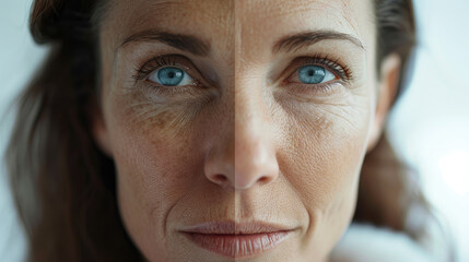 Two before and after photos. One woman with freckles and the other without freckles. Treatment of pigmentation.
