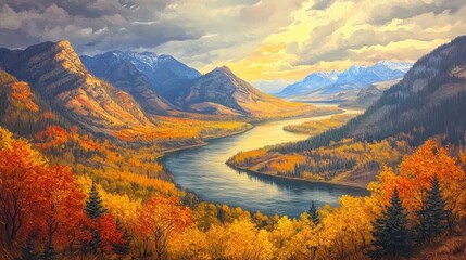 Fototapeta premium Scenic autumn landscape with river winding through vibrant fall foliage and majestic mountains under a dramatic sky.