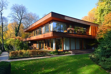 Fototapeta premium Modern House with Autumnal Garden. Contemporary Architecture, Luxury Home.