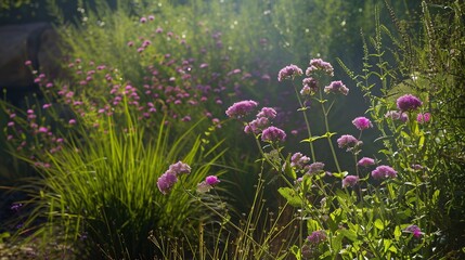 Sunlit Garden: A Symphony of Pink Flowers and Lush Greenery
