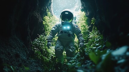 Fototapeta premium An astronaut navigating through a vast alien cave, bioluminescent vines glowing softly around the cavern, cinematic lighting casting subtle reflections on the suit, hd quality,