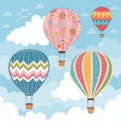 A collection of patterned hot air balloons floating through a sky with fluffy white clouds.ai generation