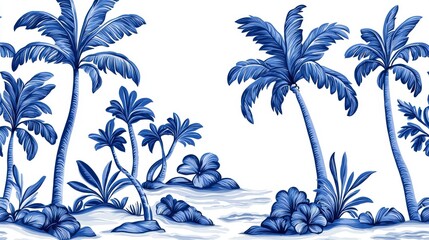 Obraz premium Blue Palm Trees Tropical Seamless Pattern - Monochromatic color pal.