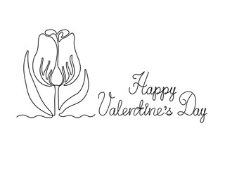 Happy Valentine's Day handwritten inscription, postcard with tulip flower .continuous single line art drawing sketch, logo