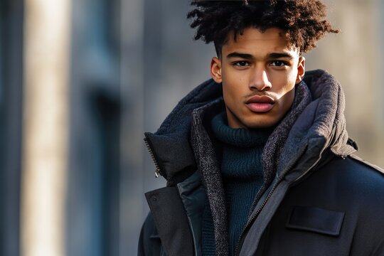 Young Man Winter Fashion Stylish Coat Outdoors