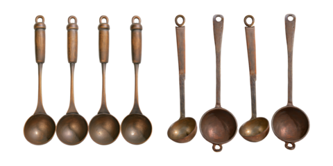 Antique Copper Ladles Collection on Transparent Background, PNG collection, set bundle, isolate on transparent or white background