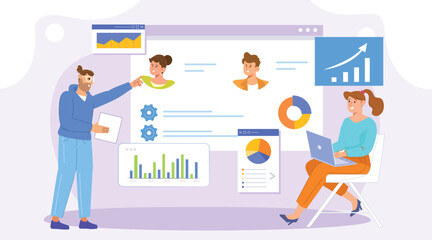 A modern, 2D vector illustration showcasing the concept of business insights and growth analytics. The design features a sleek dashboard with graphs, charts, and data visualizations in vibrant colors.