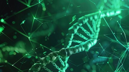 A digital representation of DNA strands with a green and futuristic aesthetic.