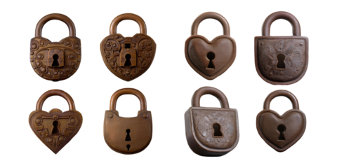 Vintage Heart-Shaped Padlocks Collection, PNG collection, set bundle, isolate on transparent or white background