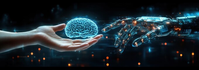 hands touching a digital holographic brain interface and a robotic hand in a futuristic setting