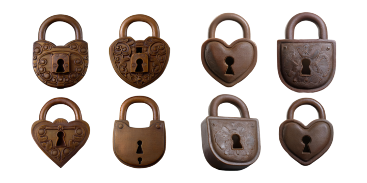 Vintage Heart-Shaped Padlocks Collection, PNG collection, set bundle, isolate on transparent or white background