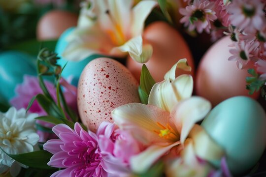 Colorful easter eggs nestled among lilies and chrysanthemums create a festive spring centerpiece