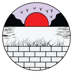 Sunset vector art illustration with river.