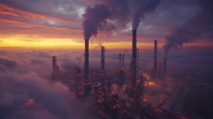 Obraz premium Industrial skyline at sunset, with smokestacks emitting smoke into the clouds.